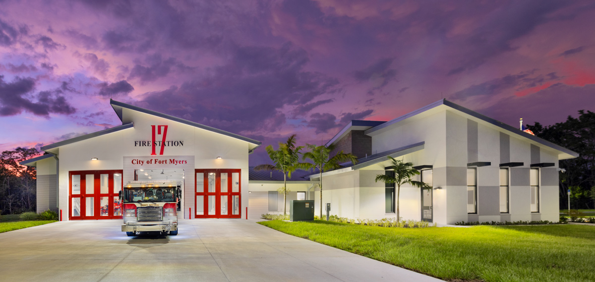 Architectural dusk view of the Fire and Rescue Station 17 Fort Myers, FL.